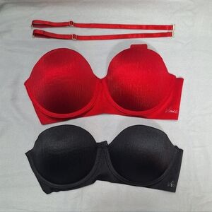 Vince Camuto 2 Pk Red & Black Satin Adjustable Strap Underwire Push Up Bras 38C